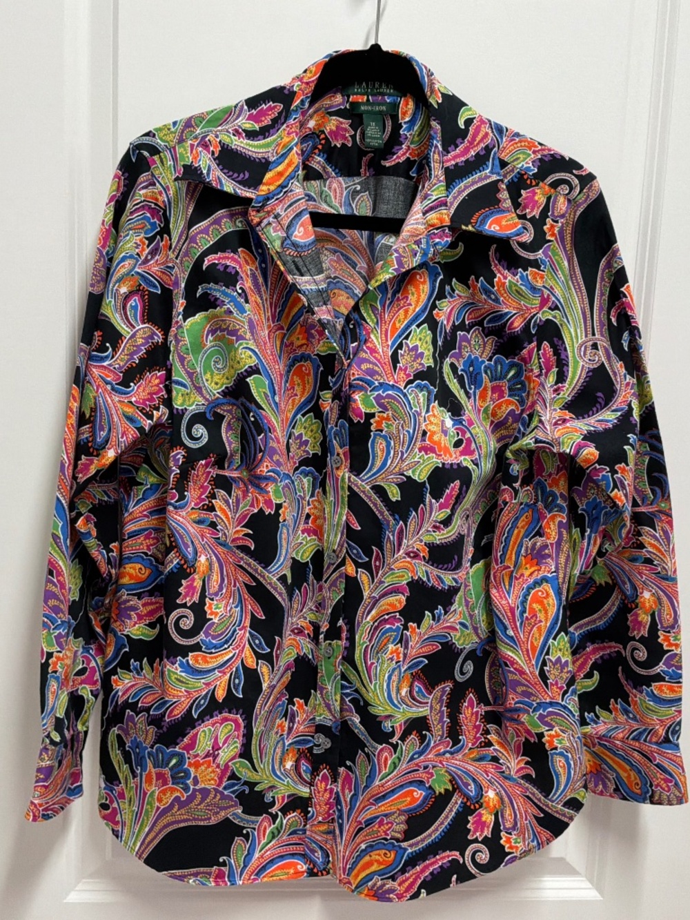 LAUREN Ralph Lauren 1x Plus Black Paisley Shirt Top Long Sleeve Blue Orange EUC